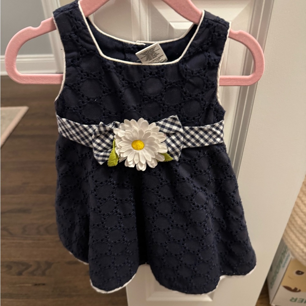 EUC Baby Girl Infant Navy Daisy Dress Eyelet Blue 12 Months Summer Picnic Cute